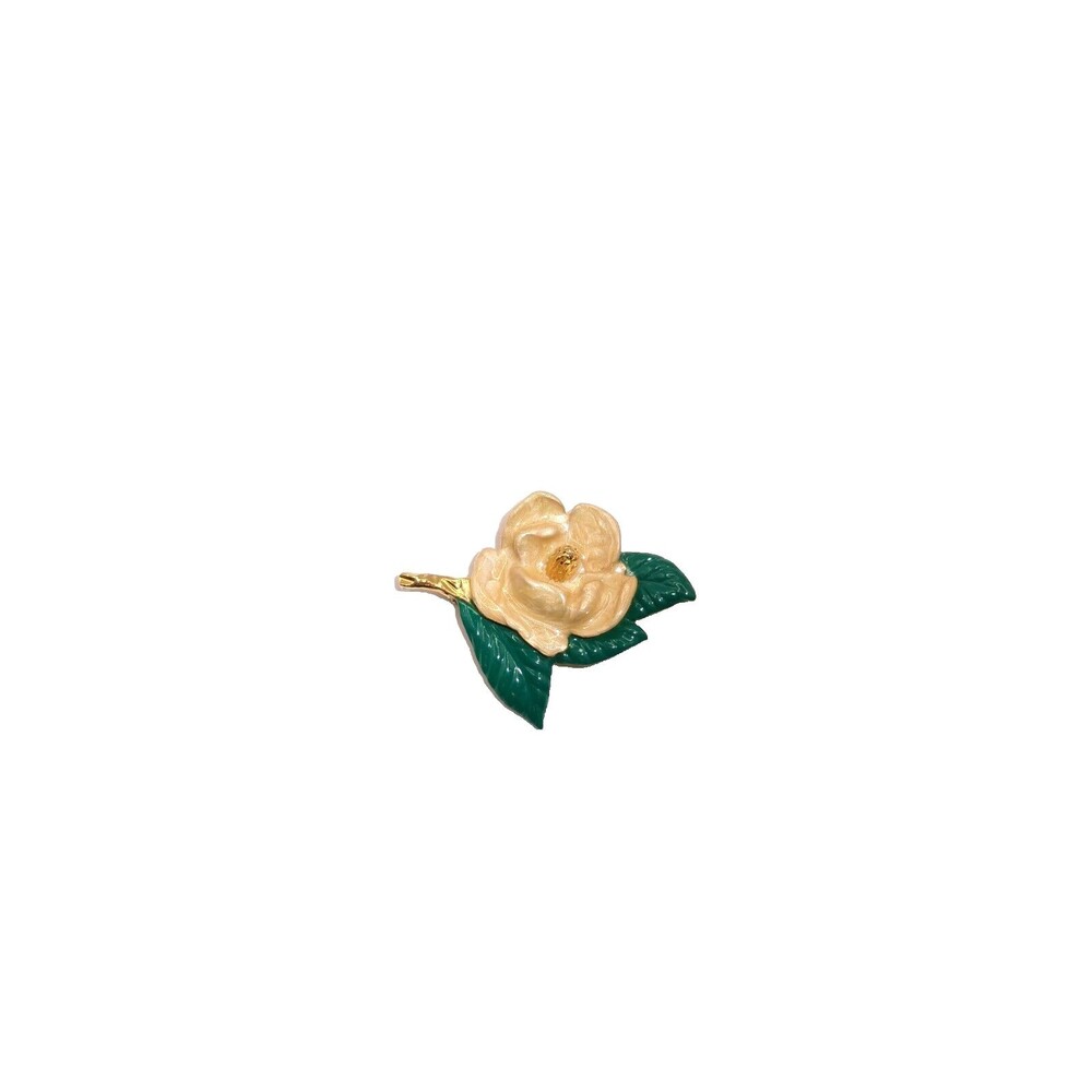 Vtg Magnolia Flower Brooch Pin Gold Tone Enamel Painted 2.5 inches Made in USA
